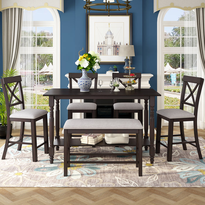 6-Pieces Counter Height Dining Table Set Table with Shelf 4 Chairs and Bench for Dining Room