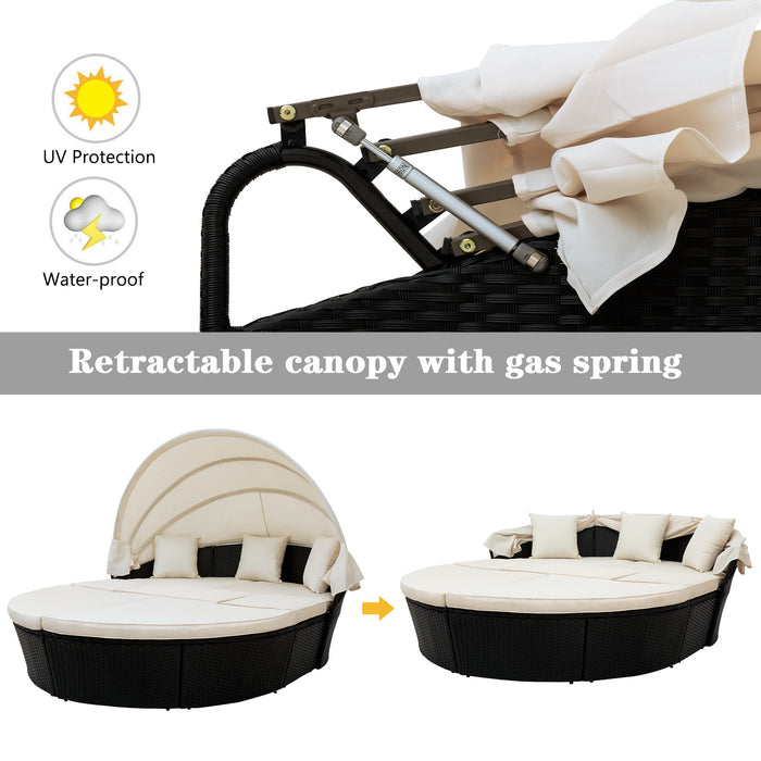 Outdoor rattan daybed sunbed with Retractable Canopy Wicker Furniture, Round Outdoor Sectional Sofa Set, black Wicker Furniture Clamshell Seating with Washable Cushions, Backyard, Porch