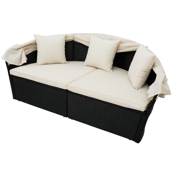 Outdoor rattan daybed sunbed with Retractable Canopy Wicker Furniture, Round Outdoor Sectional Sofa Set, black Wicker Furniture Clamshell Seating with Washable Cushions, Backyard, Porch