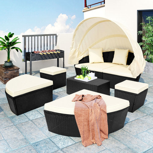 Outdoor rattan daybed sunbed with Retractable Canopy Wicker Furniture, Round Outdoor Sectional Sofa Set, black Wicker Furniture Clamshell Seating with Washable Cushions, Backyard, Porch