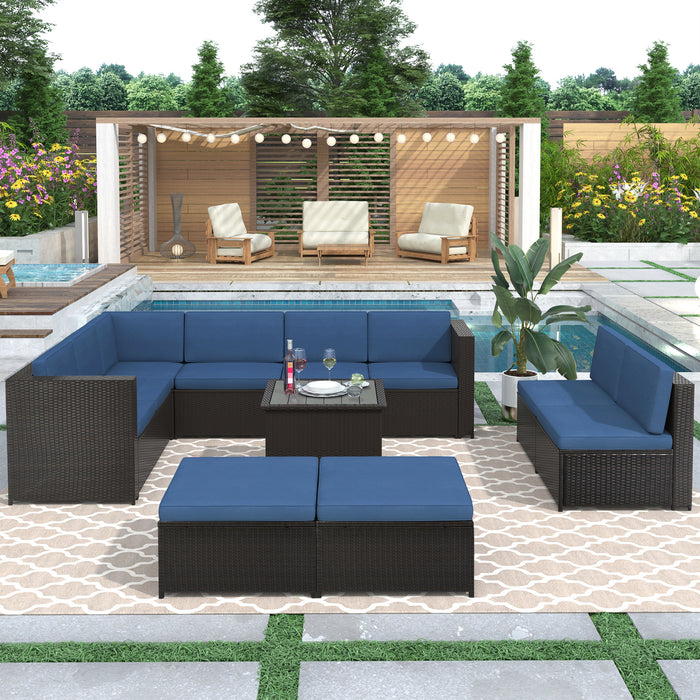 9 Piece Rattan Sectional Seating Group with Cushions and Ottoman, Patio Furniture Sets, Outdoor Wicker Sectional