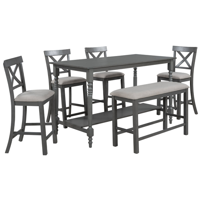 6-Pieces Counter Height Dining Table Set Table with Shelf 4 Chairs and Bench for Dining Room