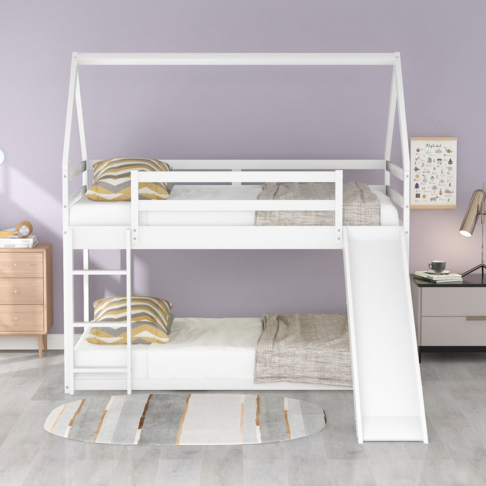 Twin Size Bunk House Bed with Slide and Ladder
