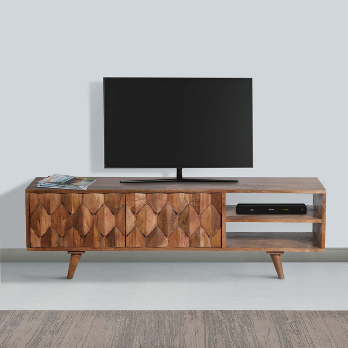 DunaWest Ero 57 Inch Mango Wood Media Console TV Cabinet, 2 Honeycomb Inlaid Doors, Natural Brown