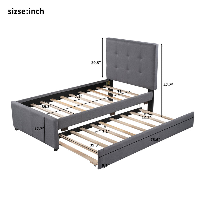 Linen Upholstered Platform Bed With Headboard and Trundle, Twin