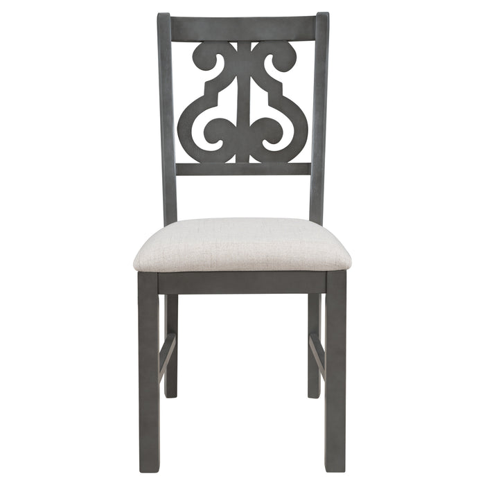 5-Piece Round Dining Table and 4 Fabric Chairs with Special-shaped Table Legs and Storage Shelf