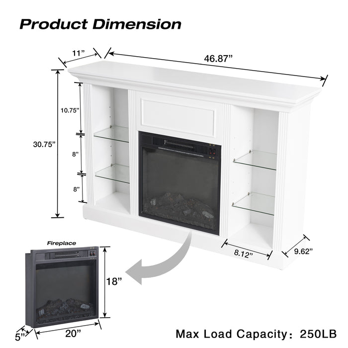 Mid Century Modern Electric Fireplace TV Stand, Fit up to 55" Flat Screen TV with Tempered Glass Adjustable Shelves Open Storage Cabinet, White