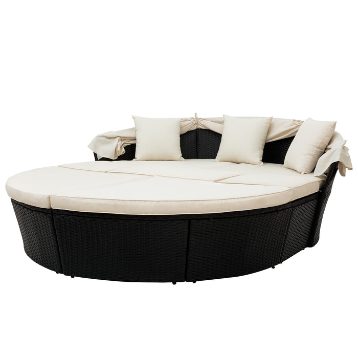 Outdoor rattan daybed sunbed with Retractable Canopy Wicker Furniture, Round Outdoor Sectional Sofa Set, black Wicker Furniture Clamshell Seating with Washable Cushions, Backyard, Porch